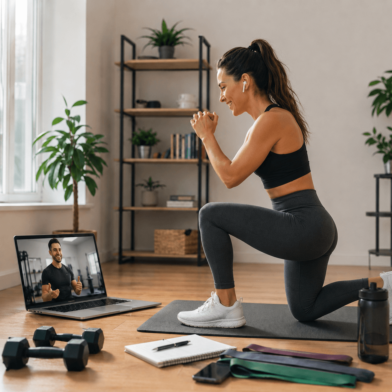 Kobieta wykonuje wykrok na macie w domu podczas treningu online z trenerem widocznym na laptopie.
