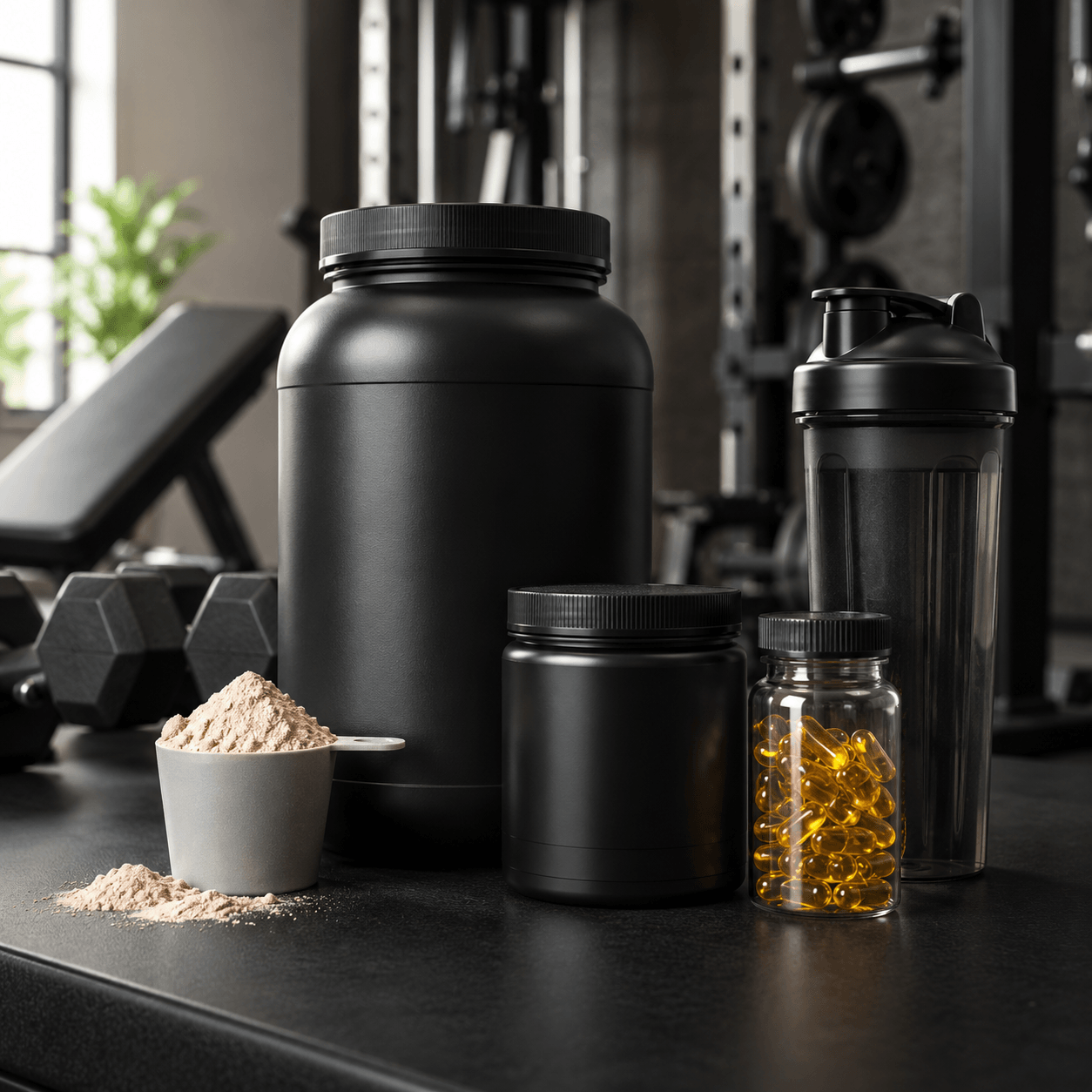 najlepsze suplementy na silownie Suplementy dla osób trenujących na siłowni: odżywka białkowa, kapsułki omega 3, shaker i proszek treningowy na tle sprzętu fitness.