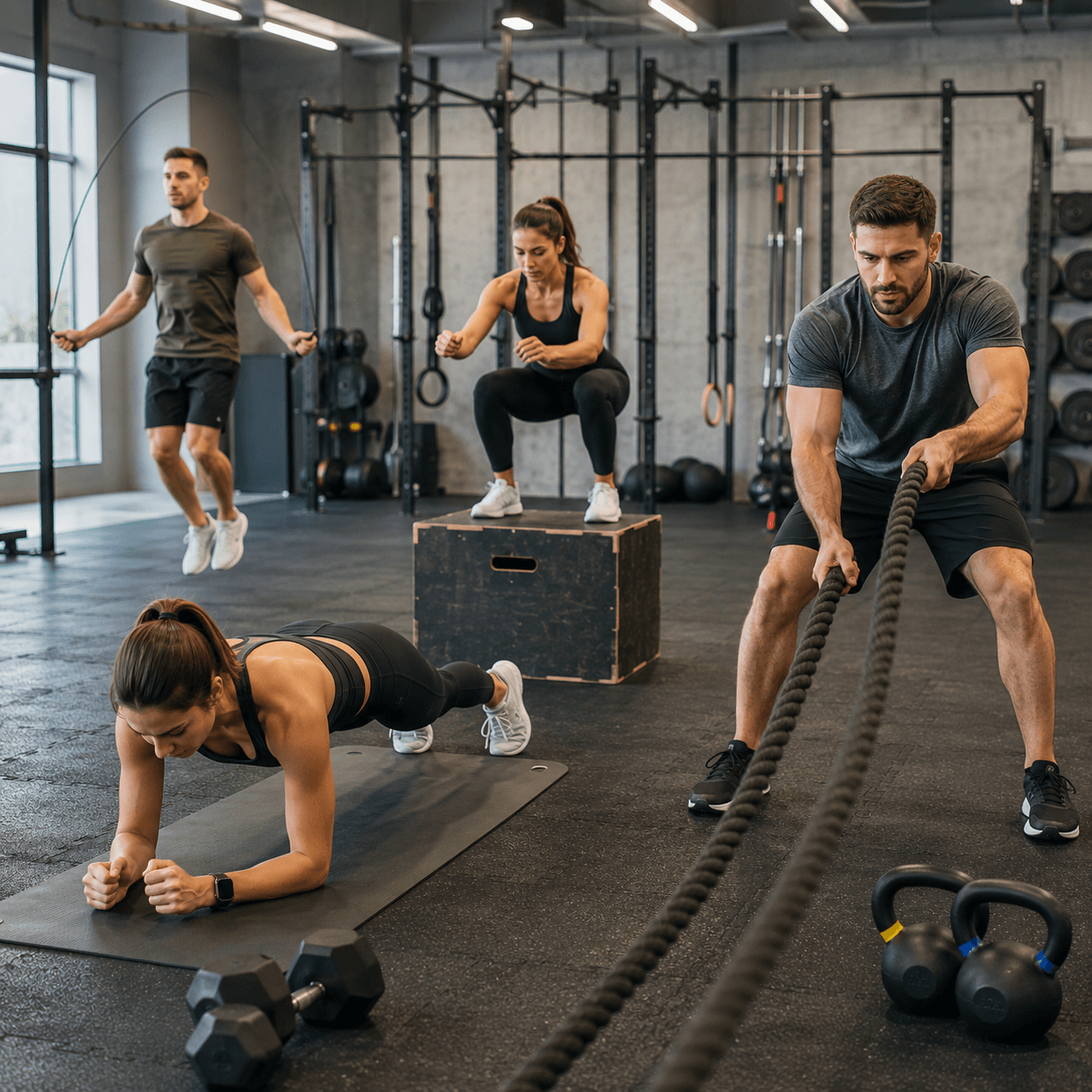Grupa osób wykonuje trening obwodowy w nowoczesnej siłowni, ćwicząc na różnych stacjach z linami, skakanką, deską, skrzynią i kettlebellami.
